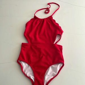 Girls Old Navy Scalloped One Piece Swimsuit with Tie back and cutouts. Red.